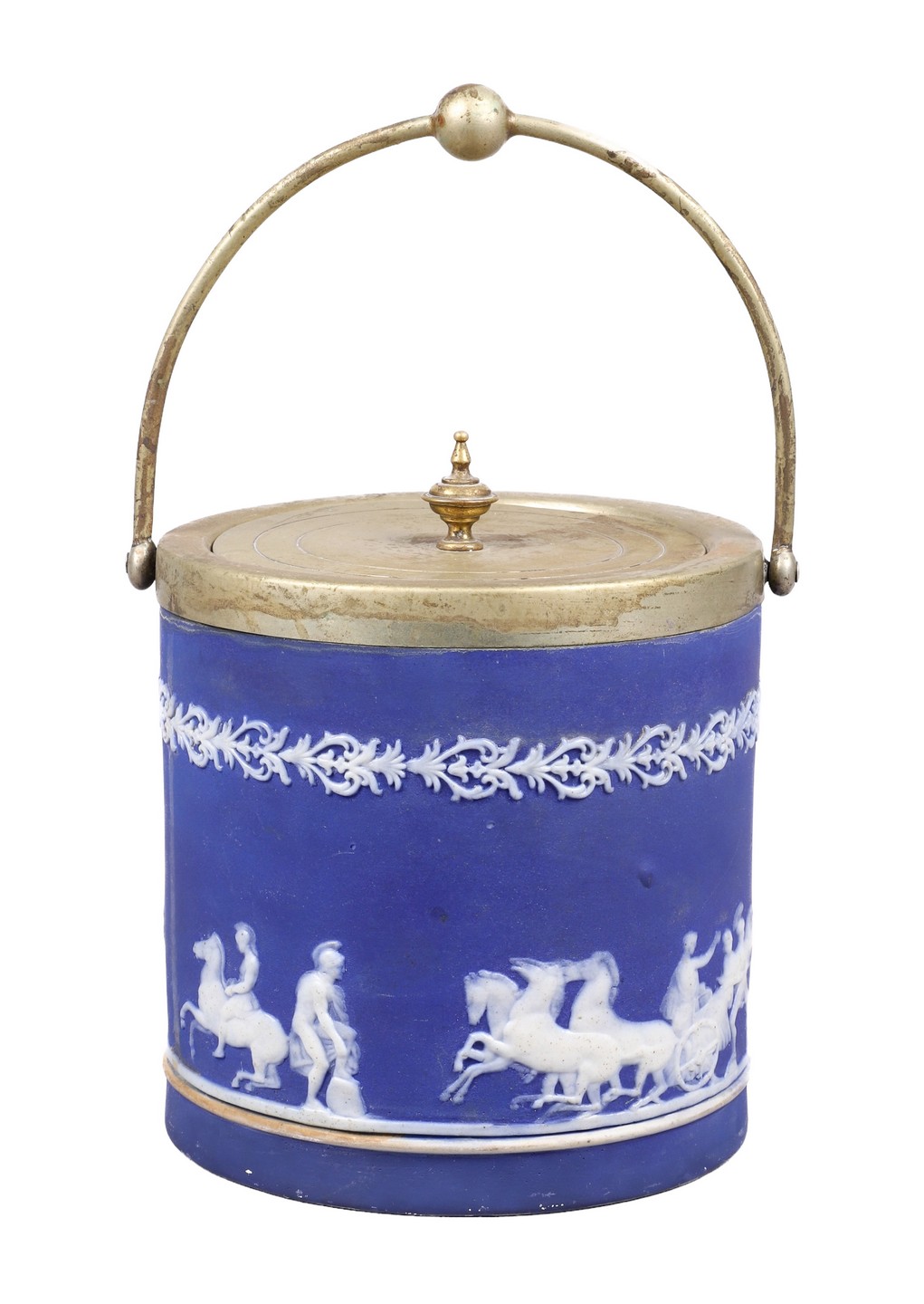 English jasperware biscuit jar, chariot