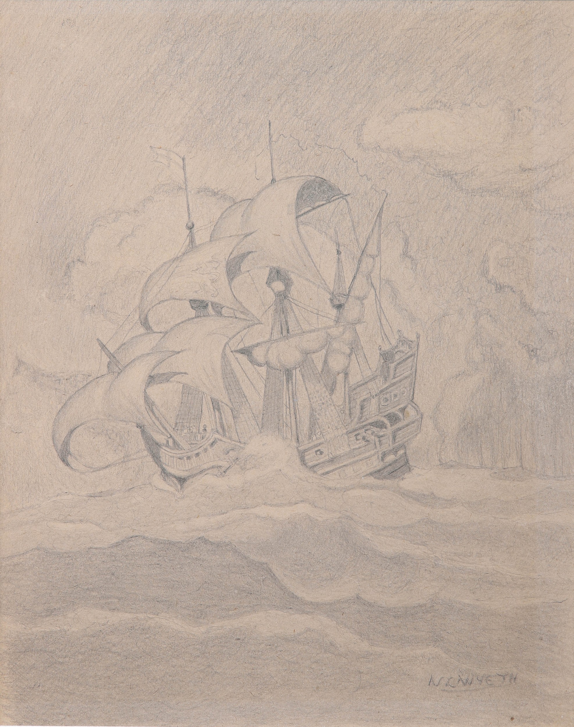 After NC Wyeth Drawing of a Galleon,