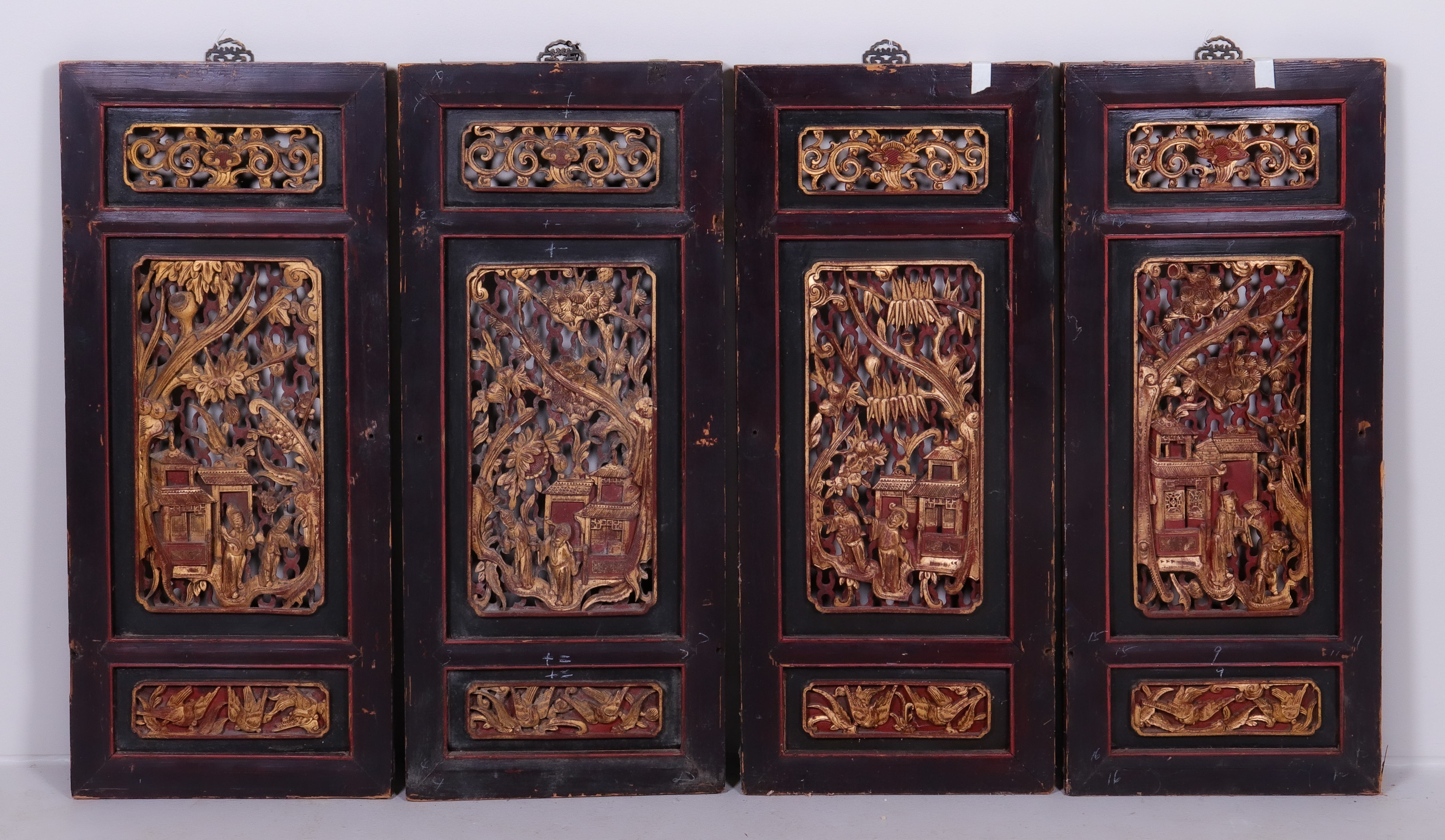 (4) Chinese carved wood panels,