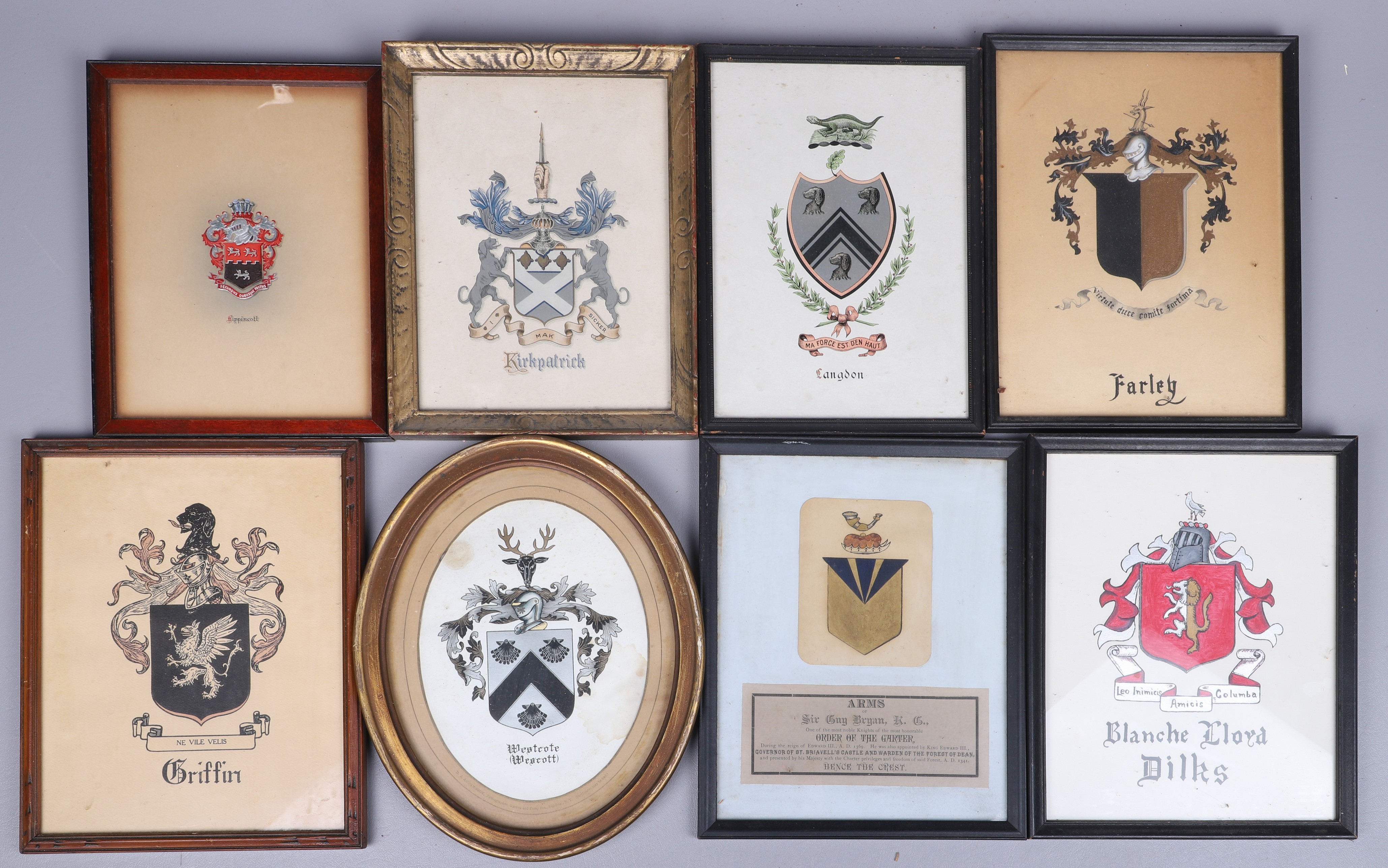 (8) Framed coat of arms plaques,