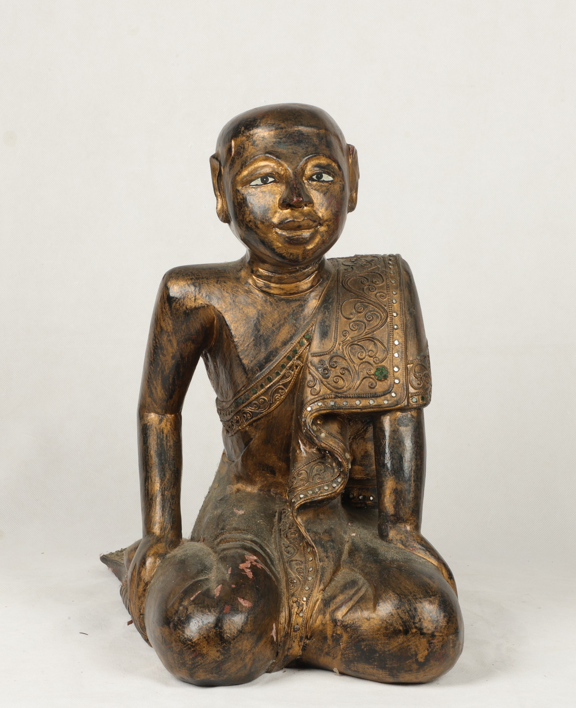 Thai carved wood kneeling figure,