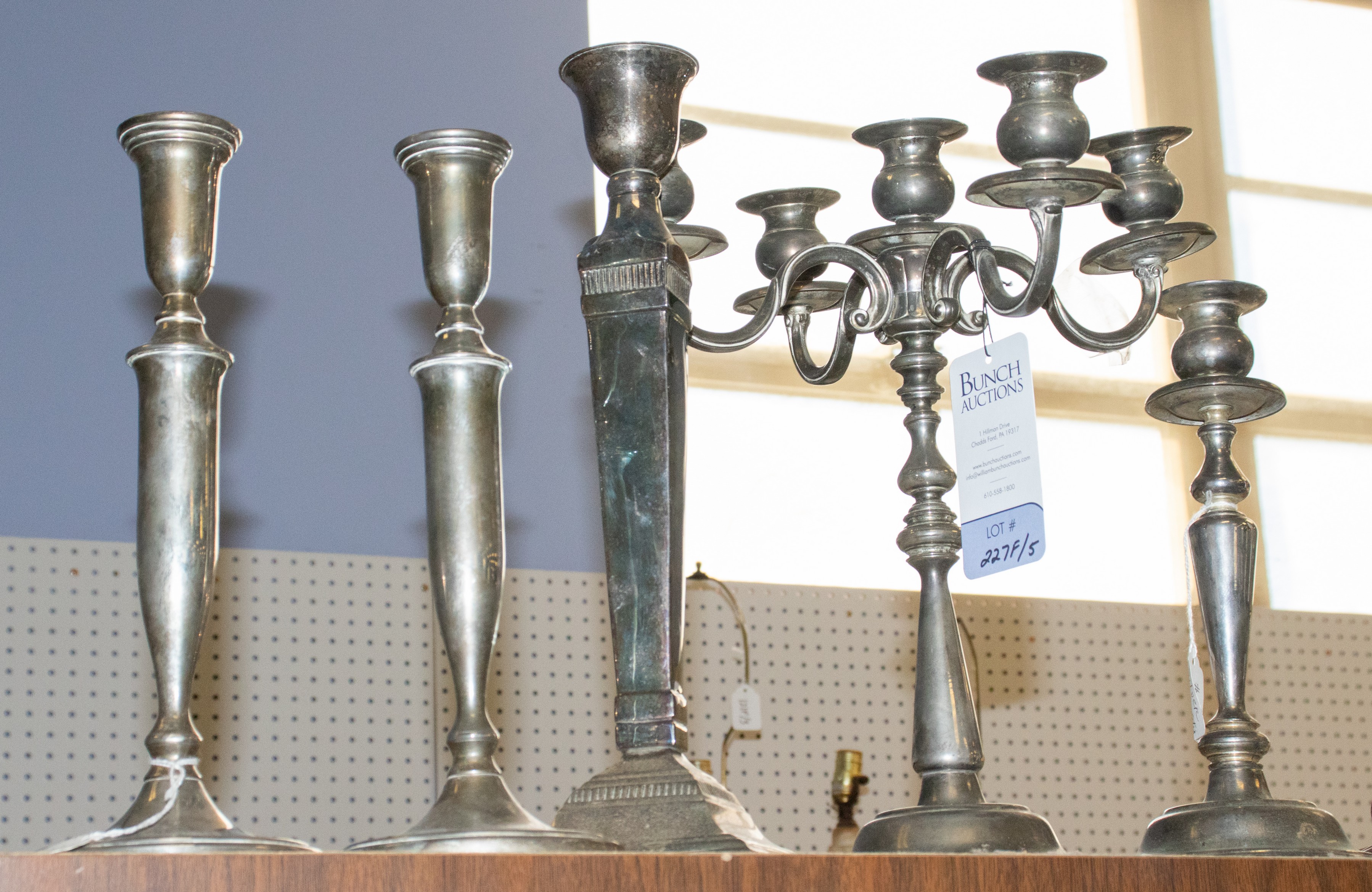 (5) Silver plate candlesticks, including