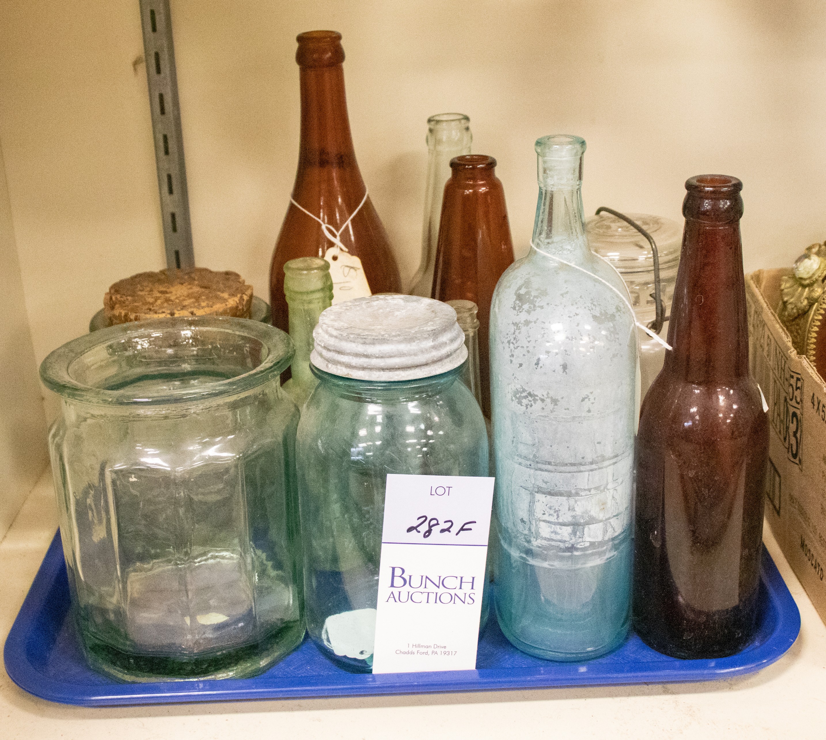 (13) Glass containers, c/o (9) bottles,