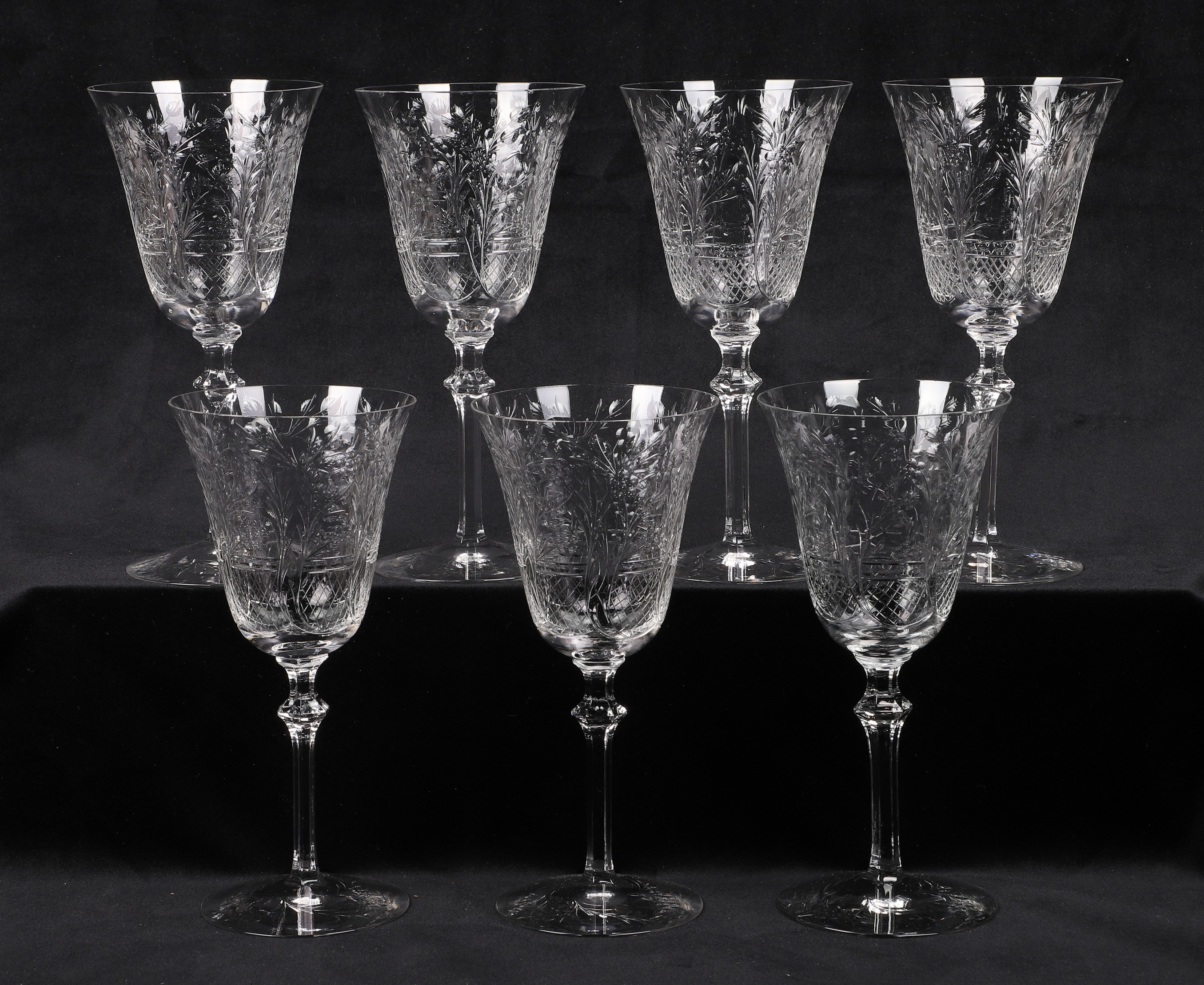 (7) Etched crystal water goblets, Webb