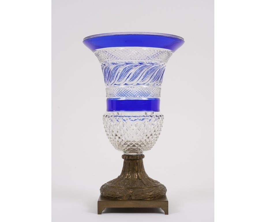 Blue cut to clear crystal vase with