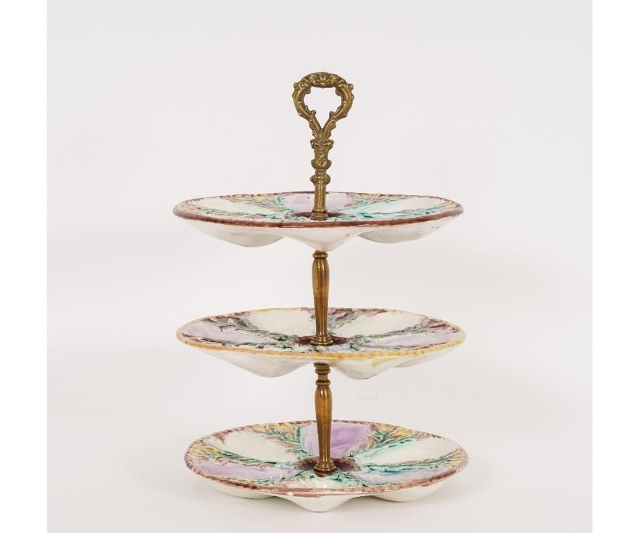 Three-tier majolica oyster server, 19th