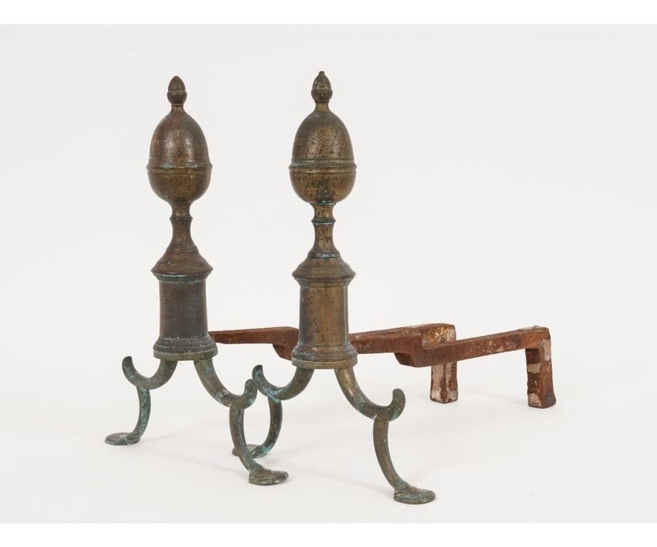 Large pair of period brass andirons,
