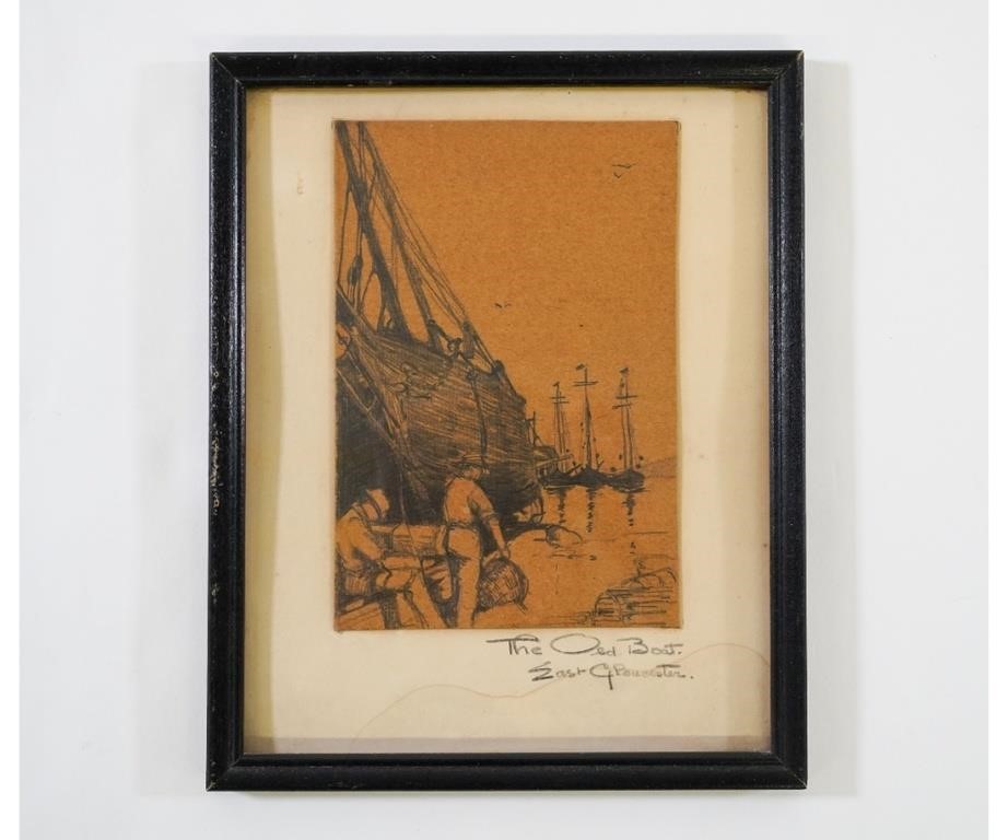 Etching of lobstermen with schooners 278f0c