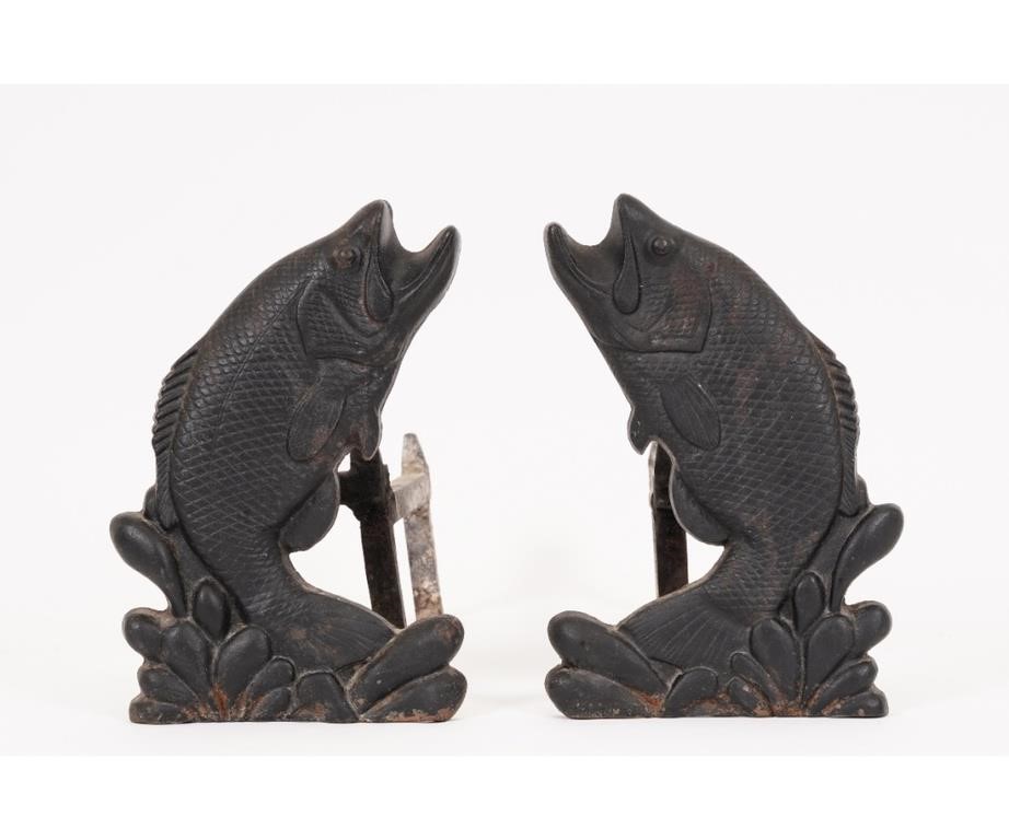 Pair of cast iron fish andirons 278ff3