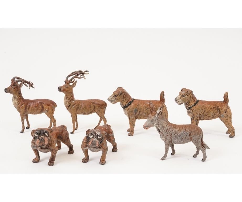 Seven painted lead animals, all