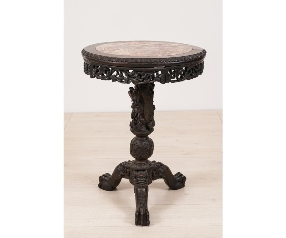 Asian wood carved marble top table the