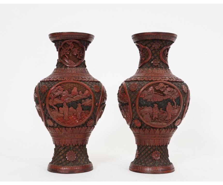 Pair of Chinese red cinnabar vases