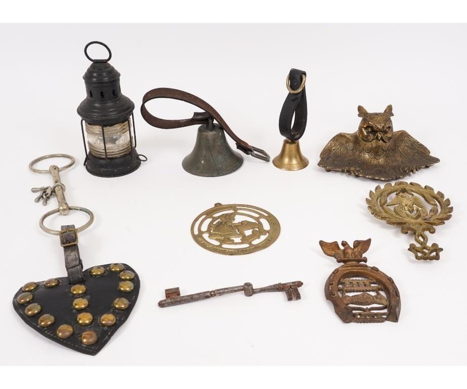 Brass owl inkstand, bells, lantern