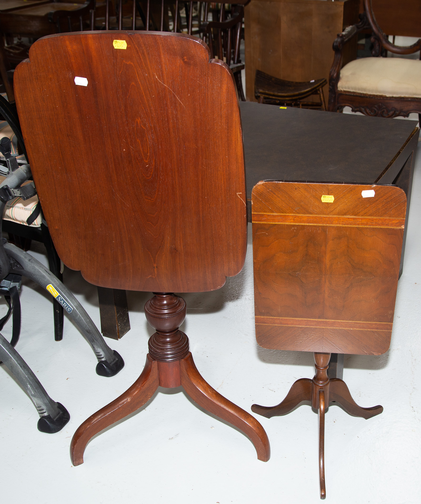 TWO MAHOGANY TILT TOP LAMP TABLES