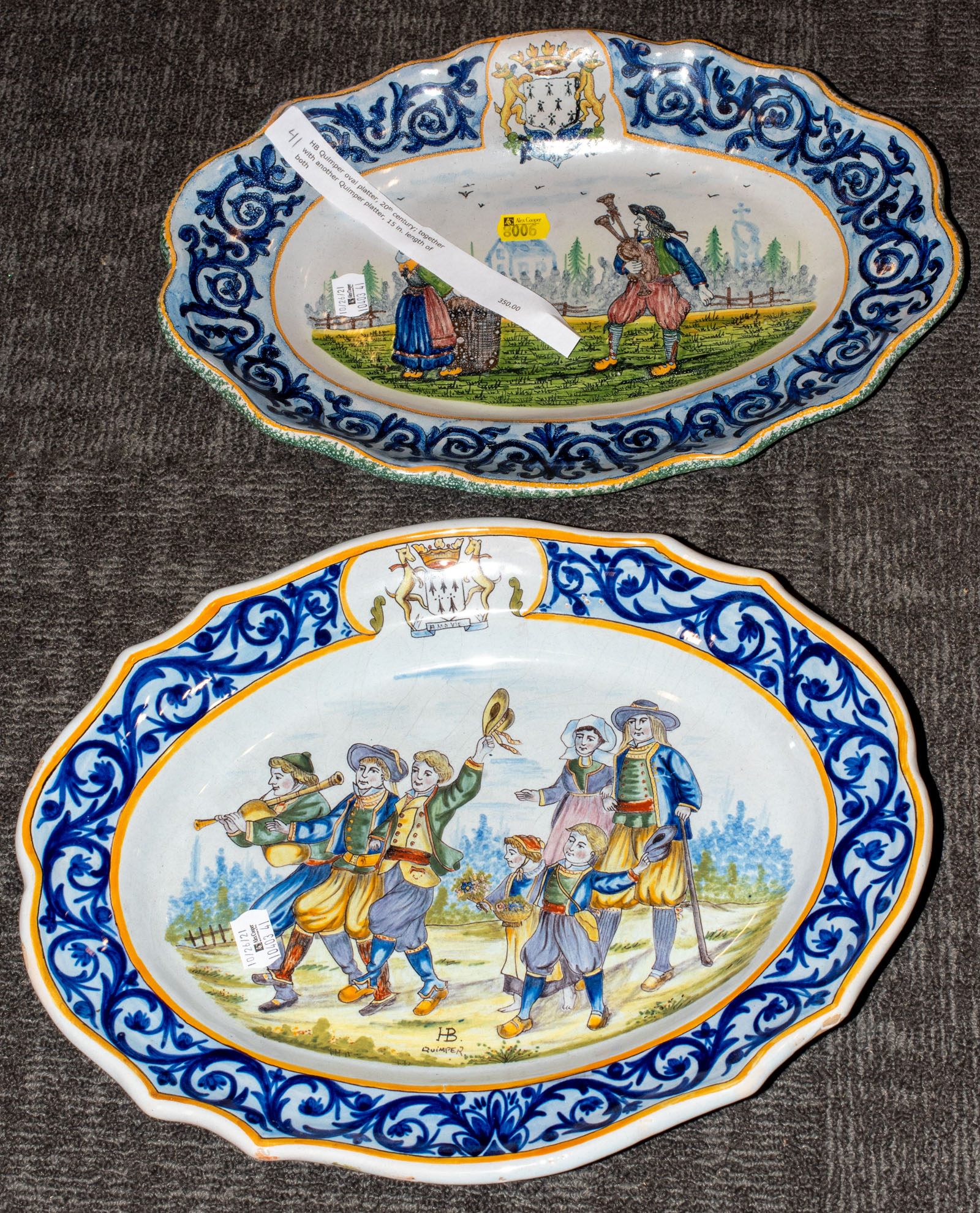 TWO QUIMPER HAND-PAINTED OVAL PLATTERS