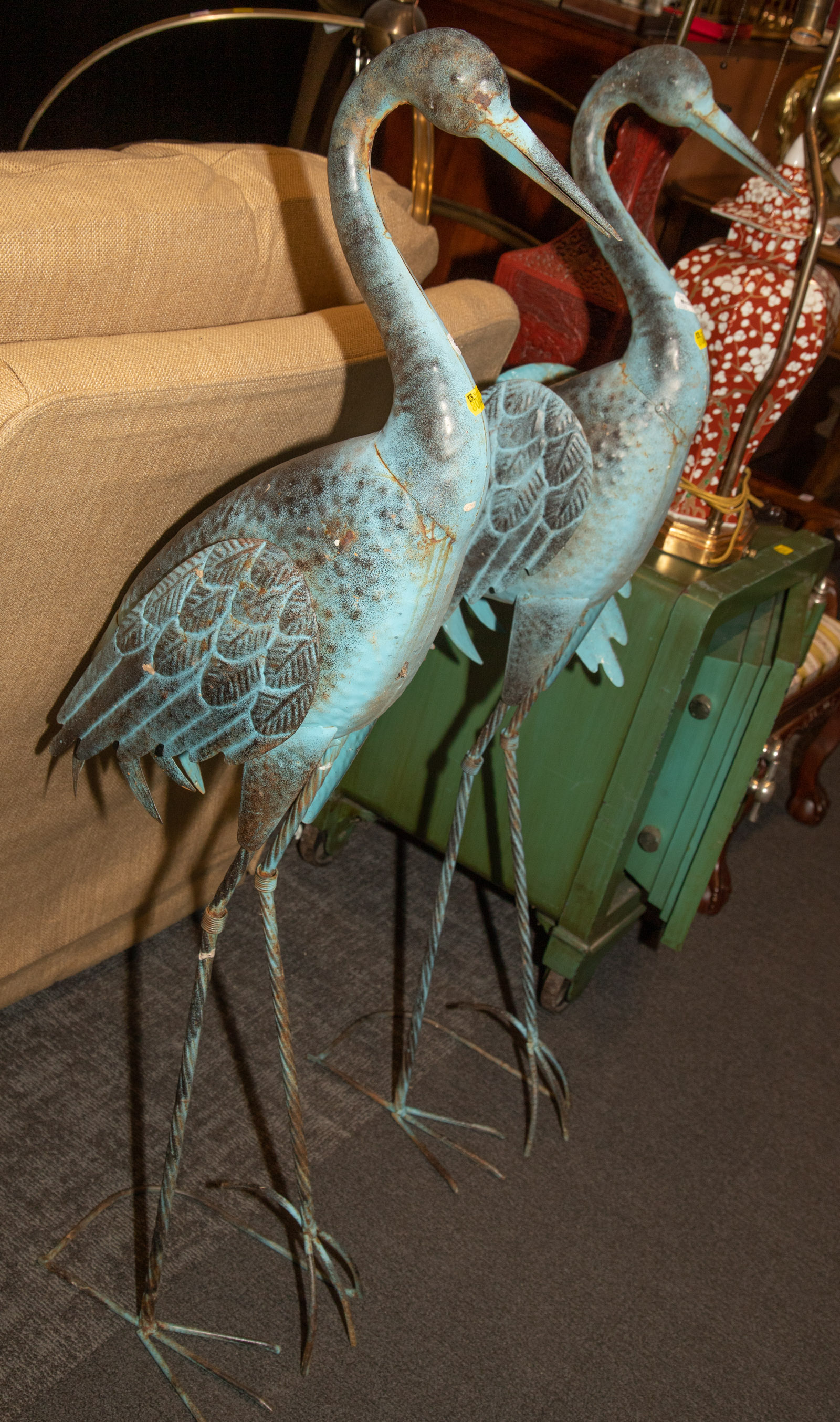 A PAIR OF COPPER WADING BIRD GARDEN