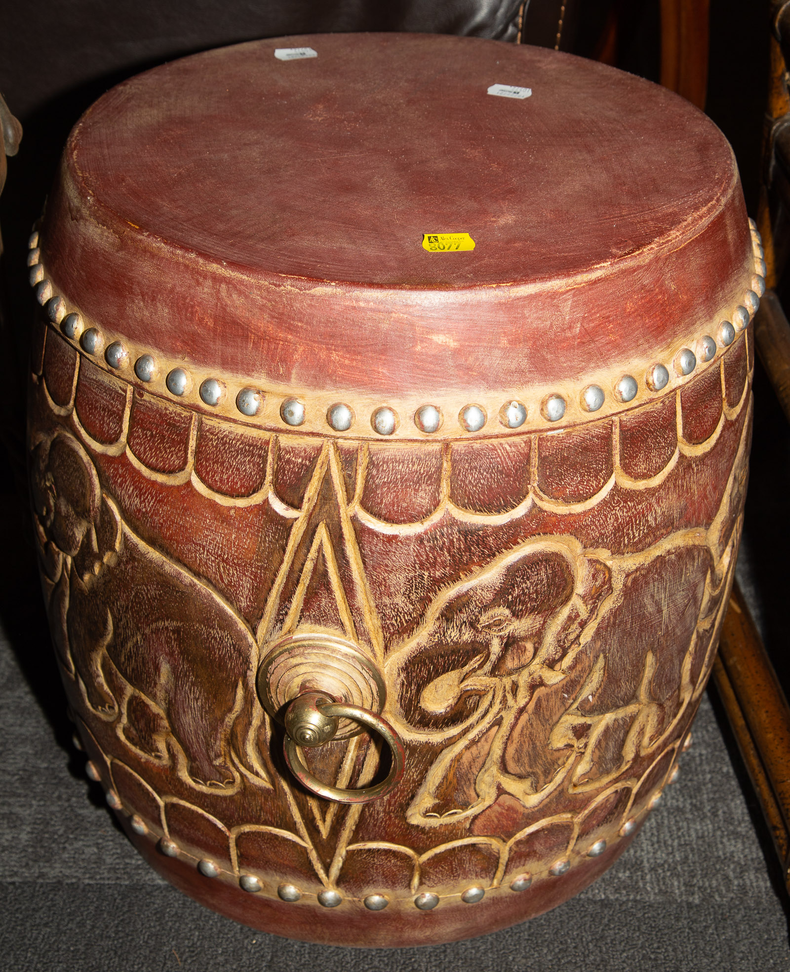 INDIAN CARVED WOOD & RAWHIDE DRUM 20th