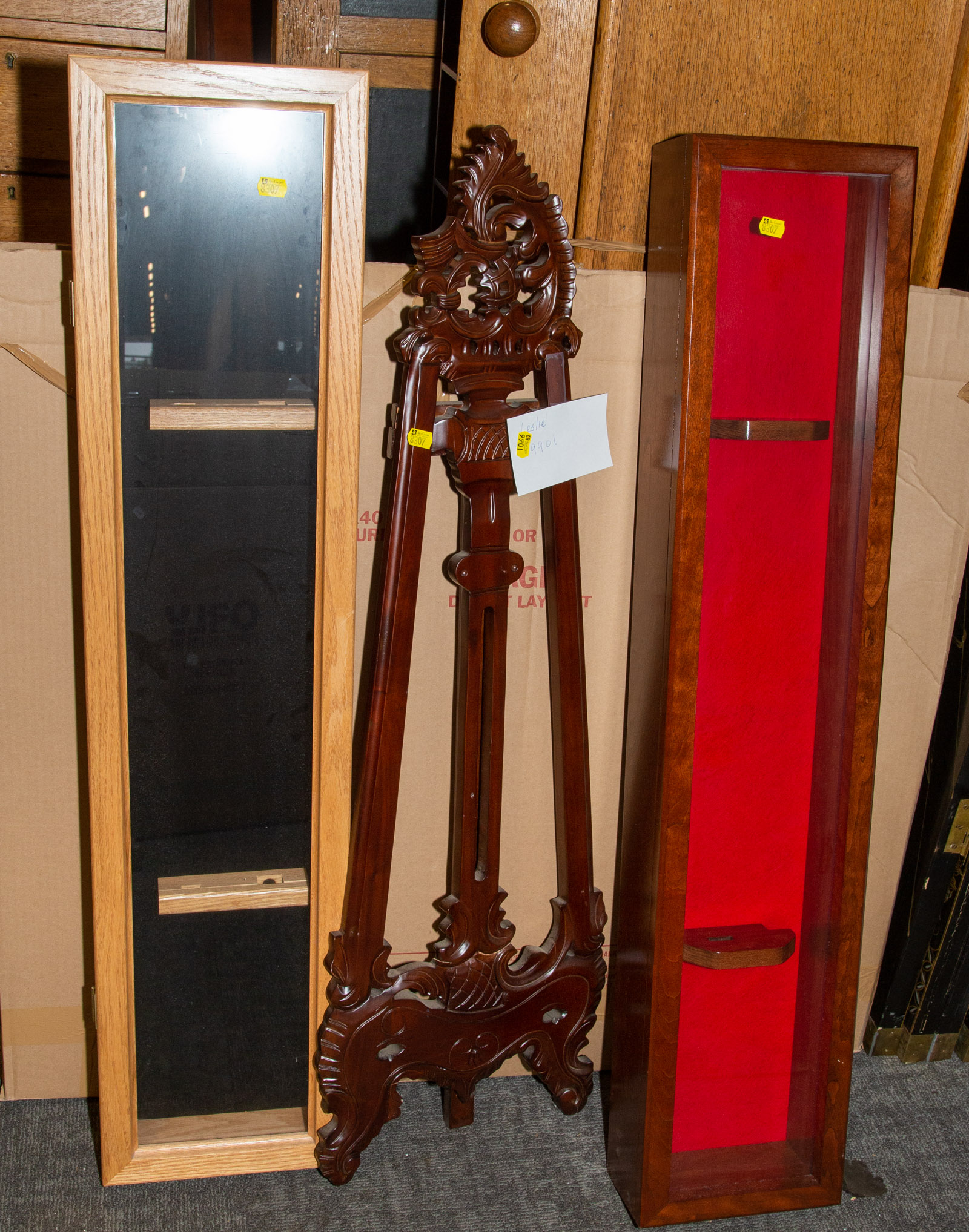 TWO DISPLAY CASES & A CONTEMPORARY EASEL