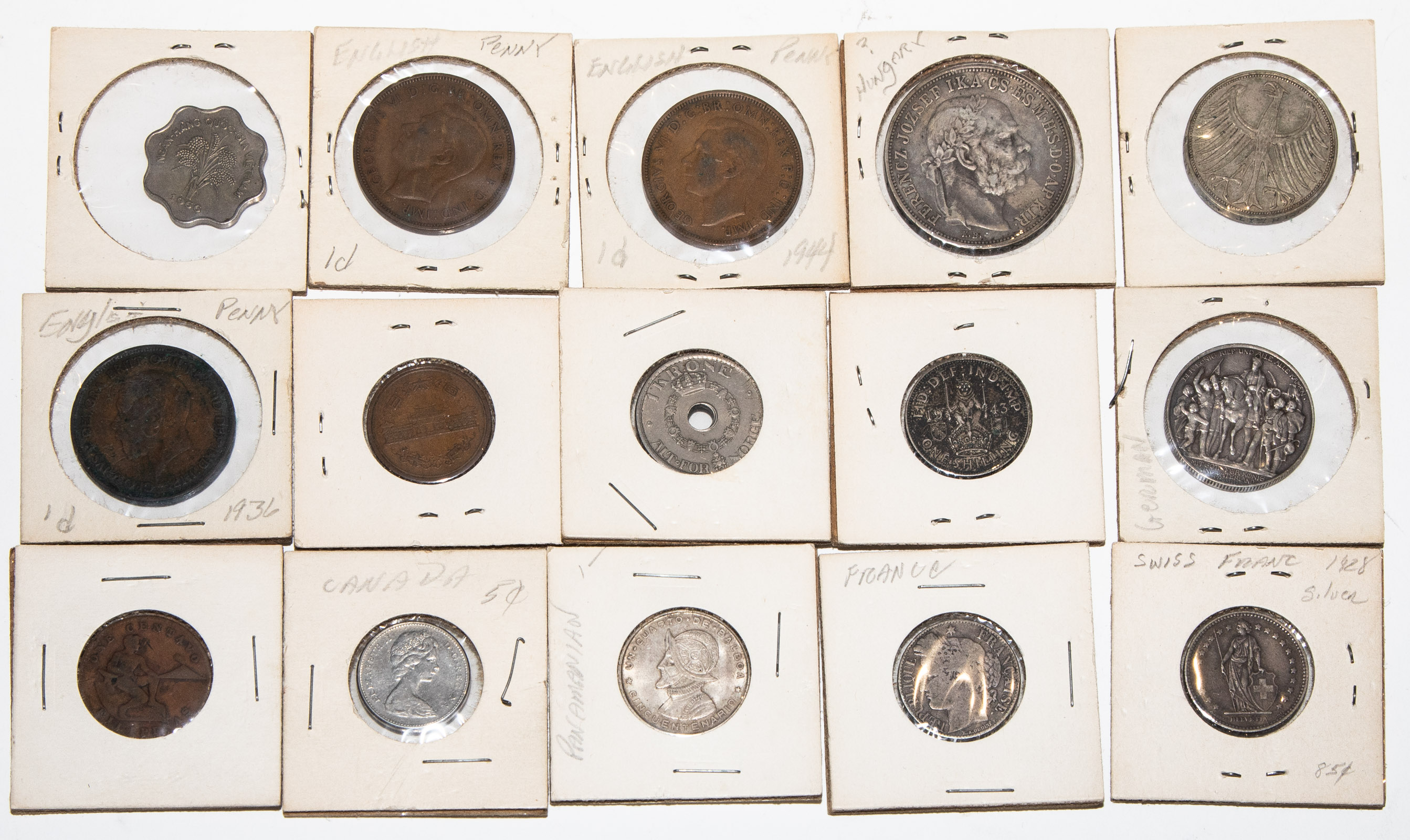 15 WORLD COINS IN 2X2 S WITH SEVEN 28861d