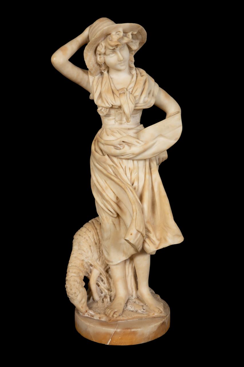 SHEPHERDESS WITH LAMB CARVED ALABASTER 288989