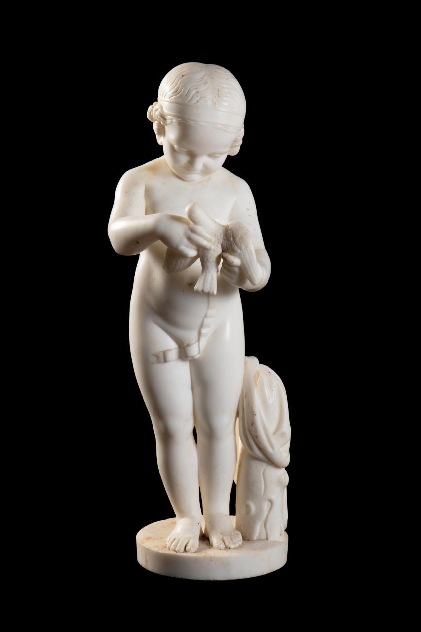 BOY WITH BIRD CARVED MARBLE SCULPTURE