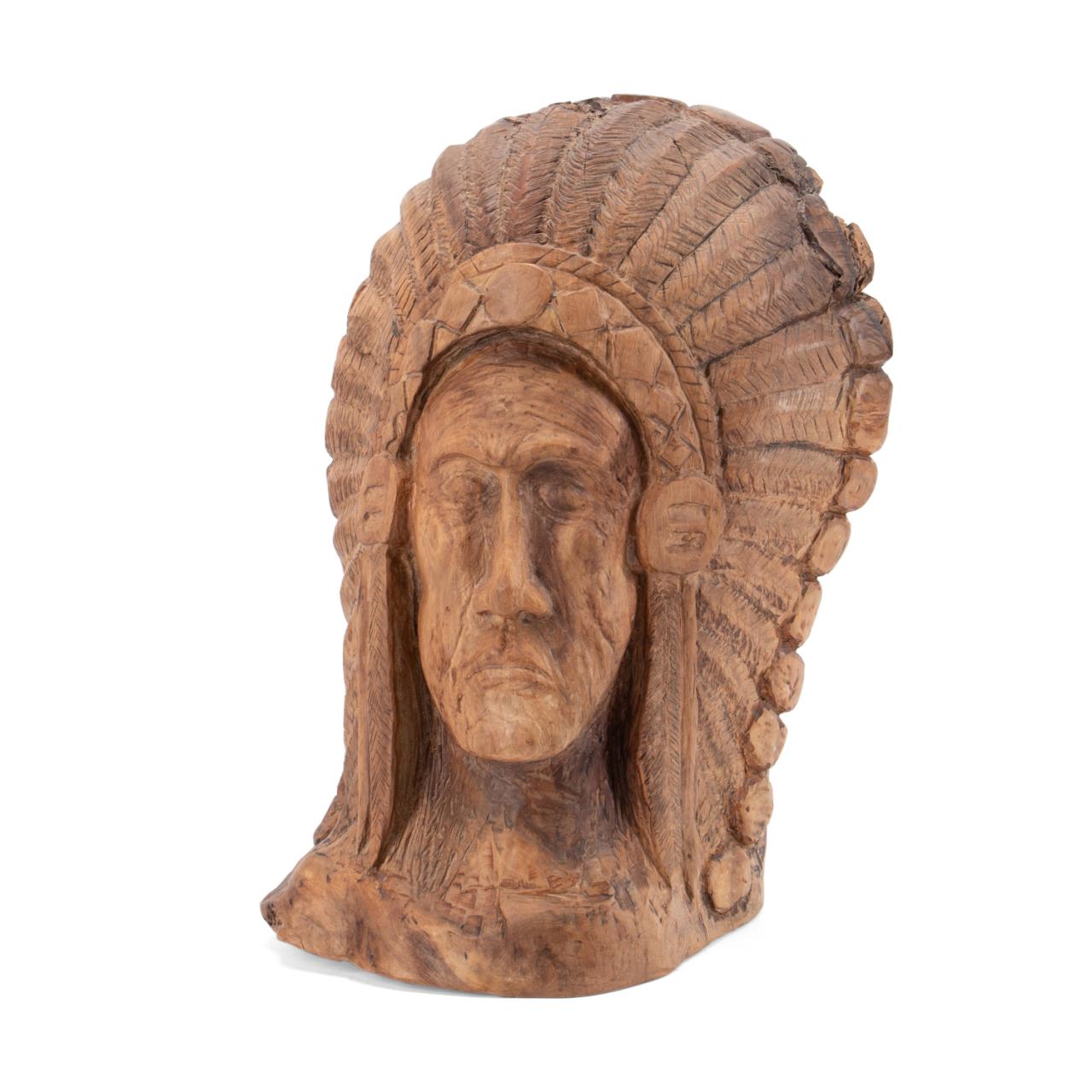 CARVED WOODEN BUST OF A NATIVE AMERICAN