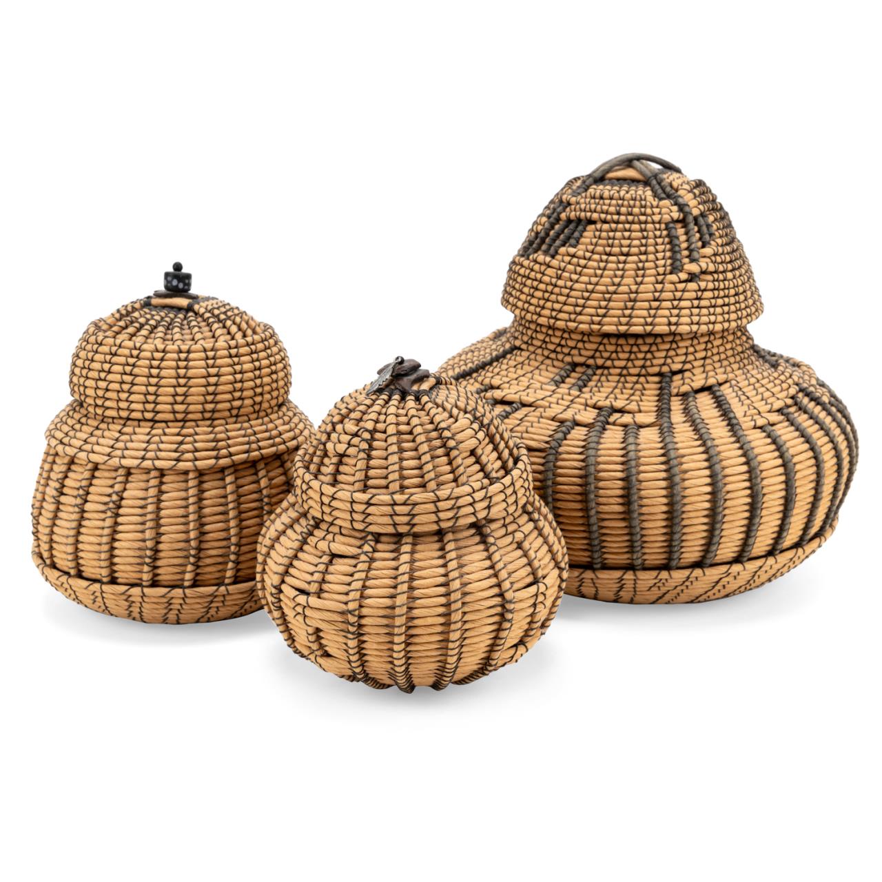 THREE TWISTED CORD WOVEN BASKETS,
