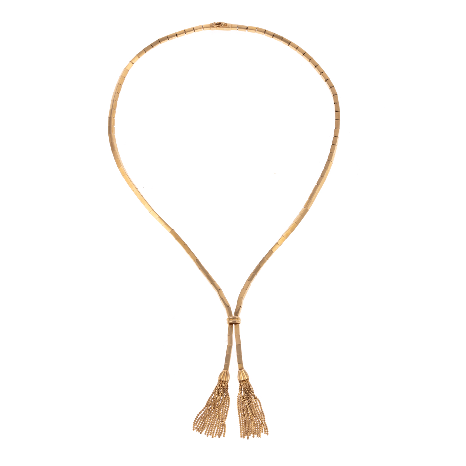 A HIGH POLISH LARIAT TASSEL NECKLACE