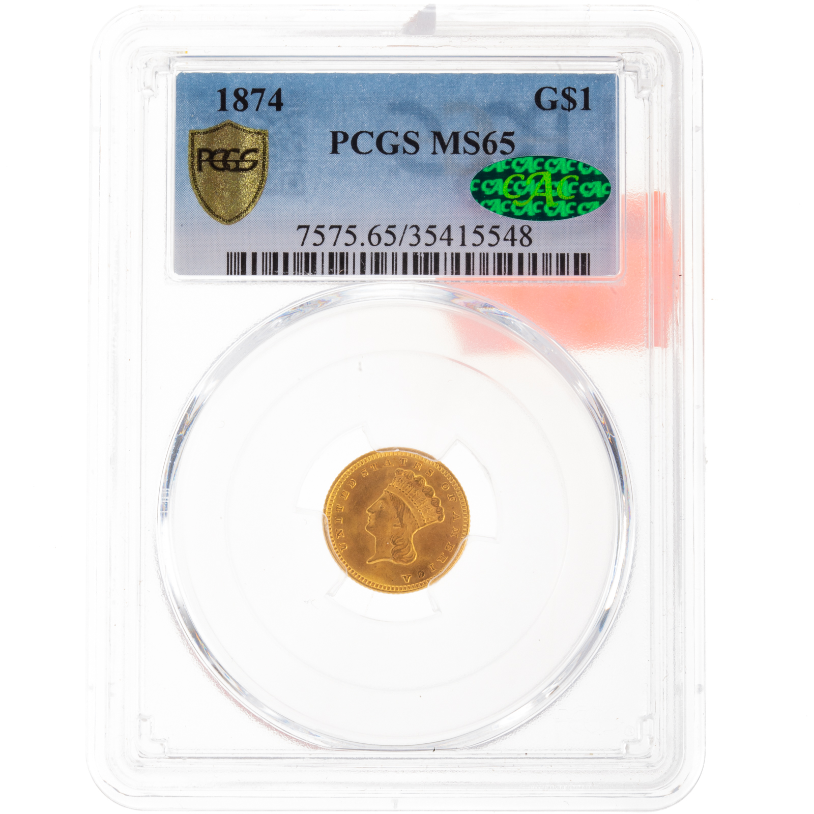 1874 GOLD 1 PRINCESS PCGS MS65 288e93