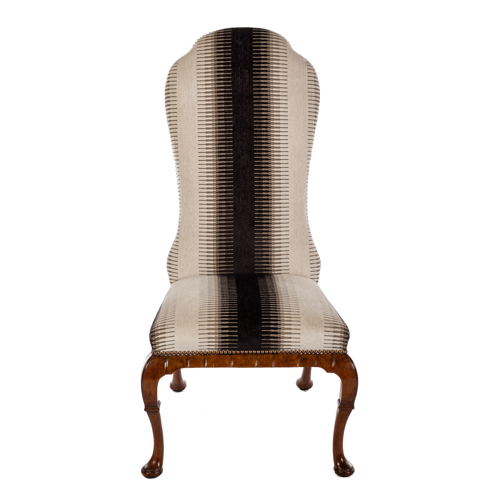 QUEEN ANNE STYLE BURLED WOOD UPHOLSTERED