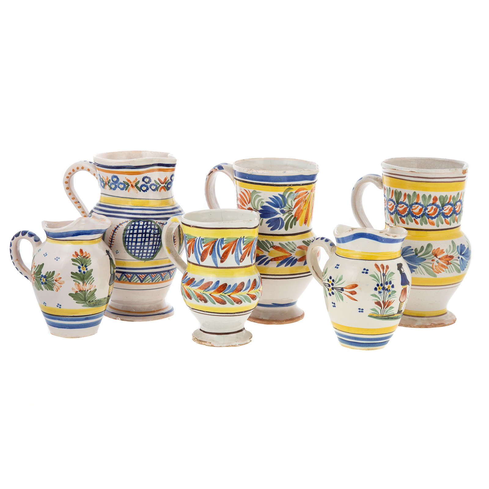 SIX QUIMPER & FAIENCE JUGS 20th century;