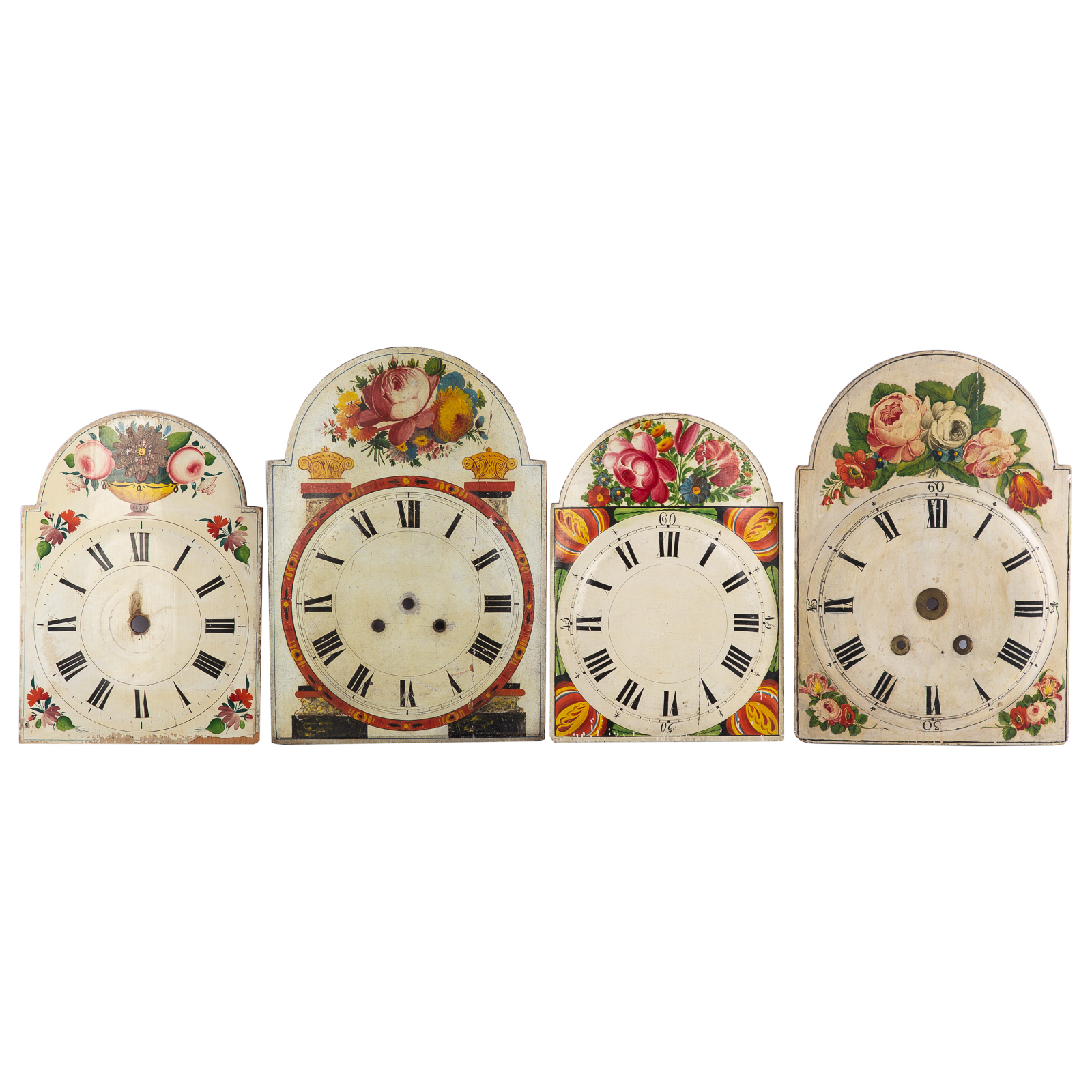 FOUR PAINTED WOOD CLOCK FACES 19th