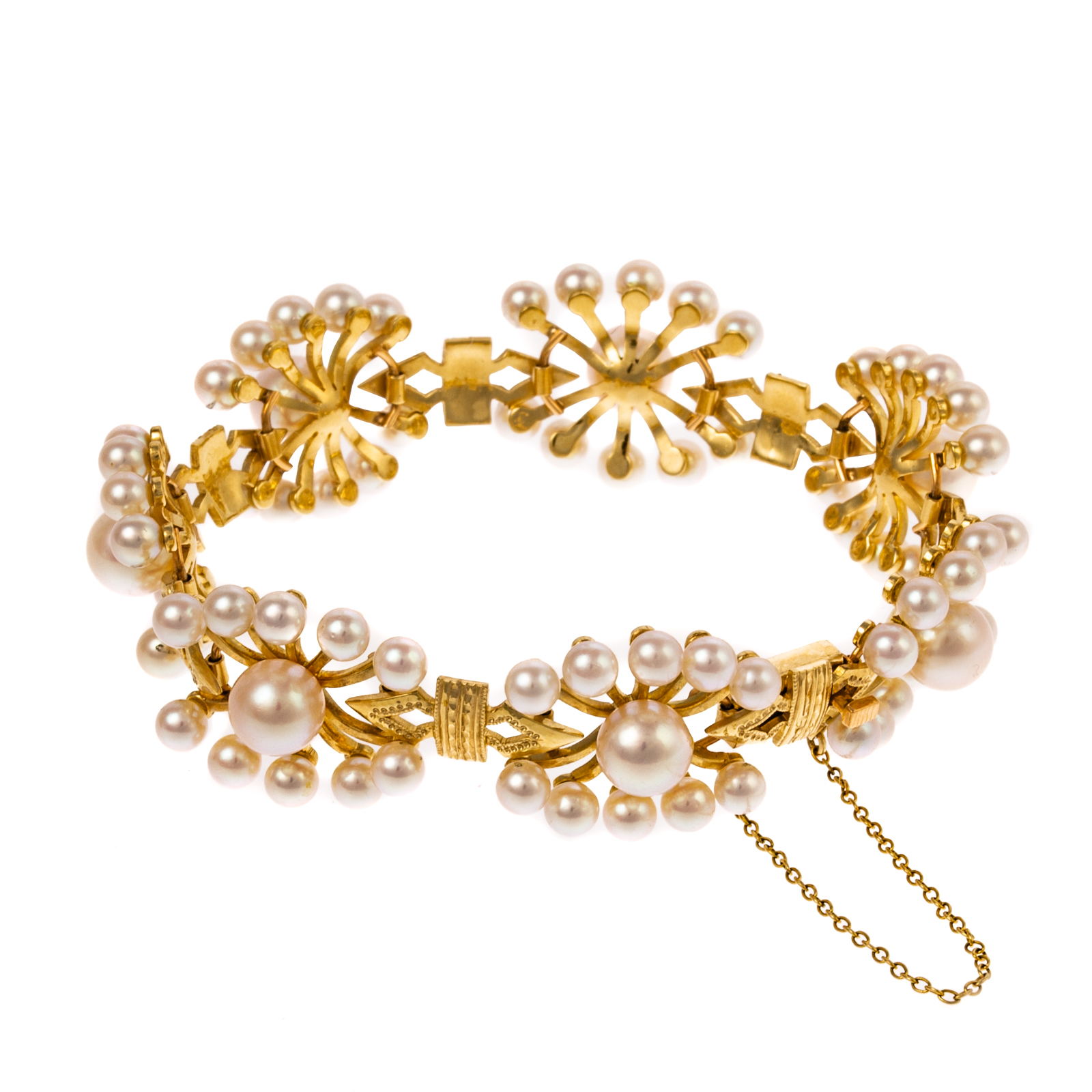 A 14K YELLOW GOLD PEARL LINK BRACELET