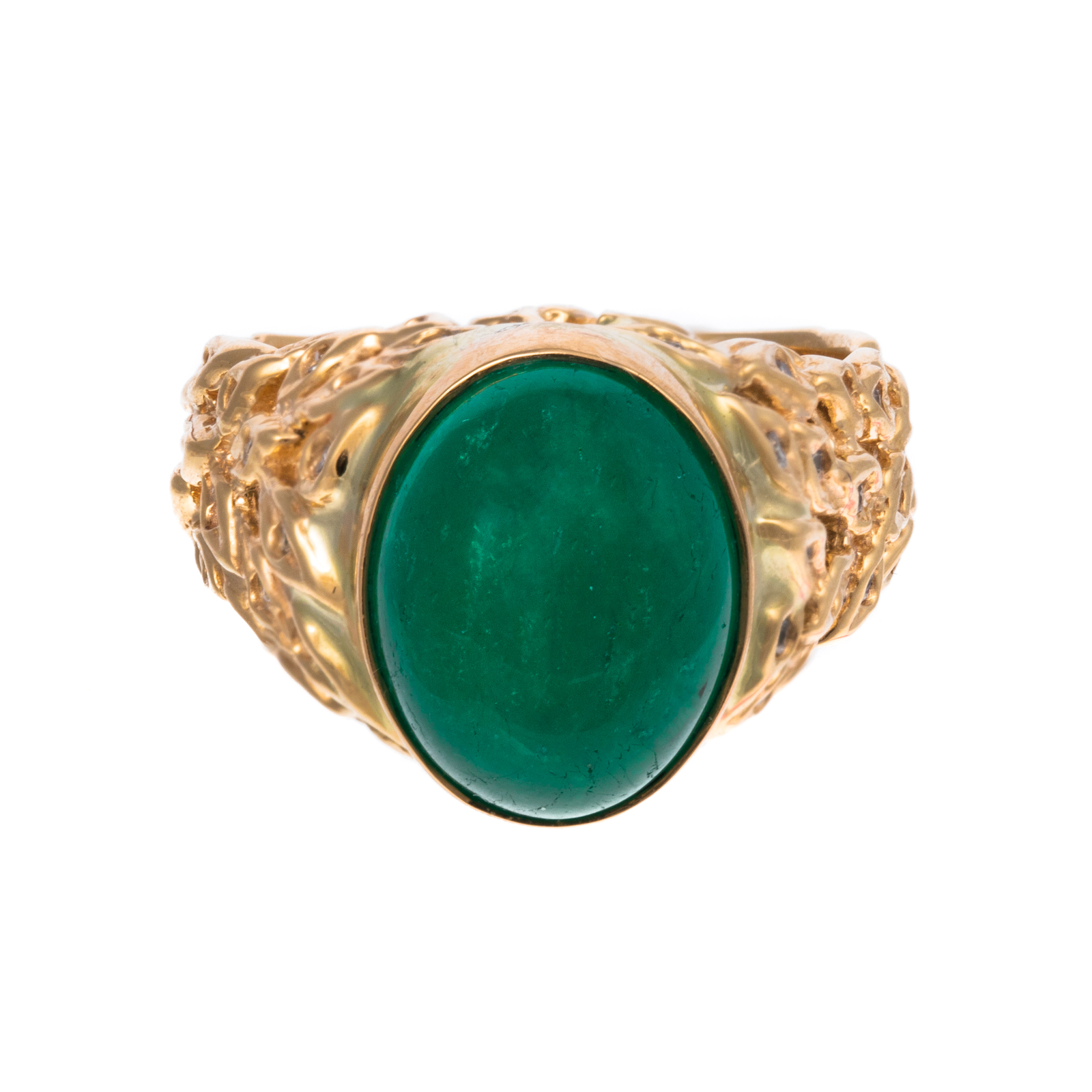 A CABOCHON EMERALD & DIAMOND RING IN