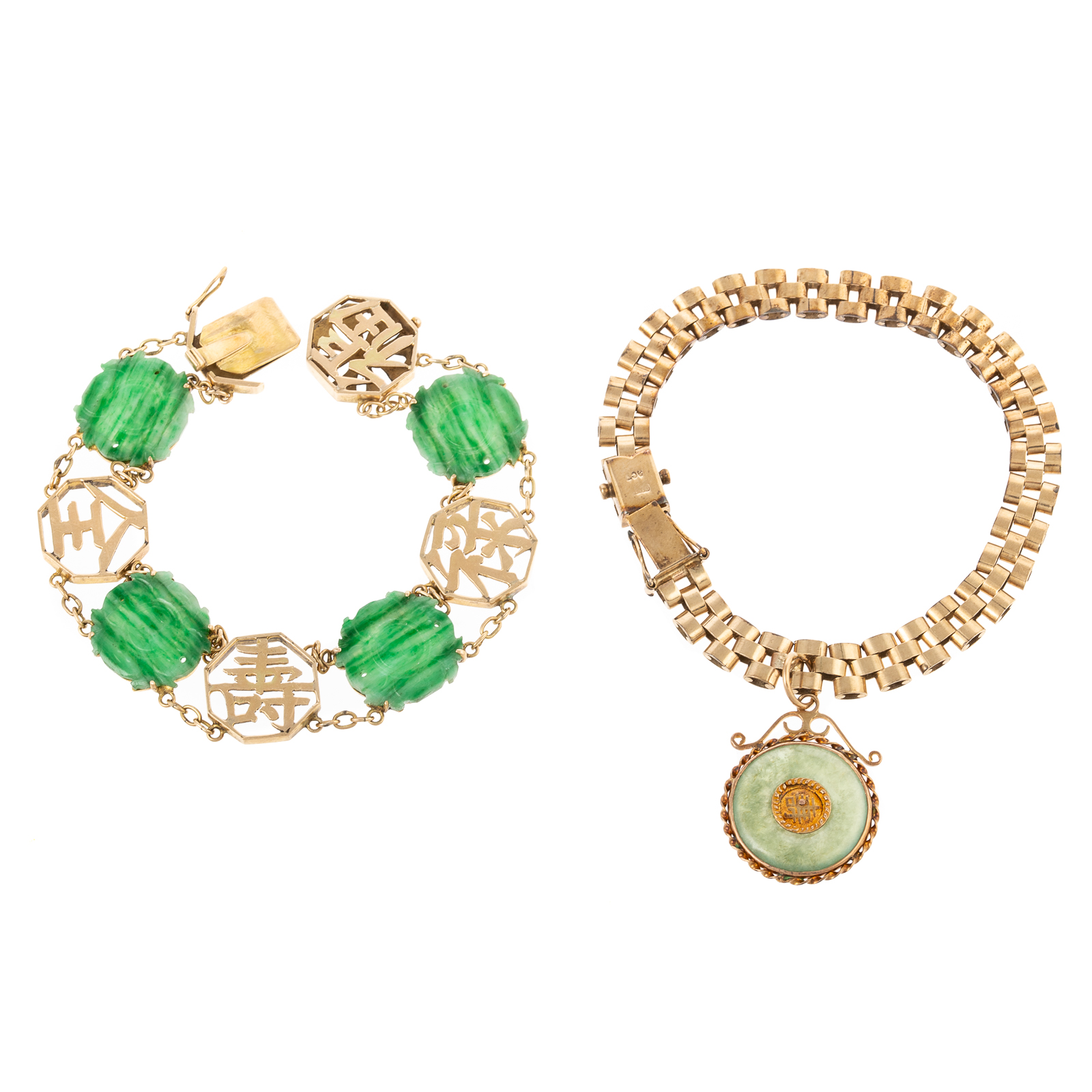 A DUO OF GOLD JADE BRACELETS 28794c