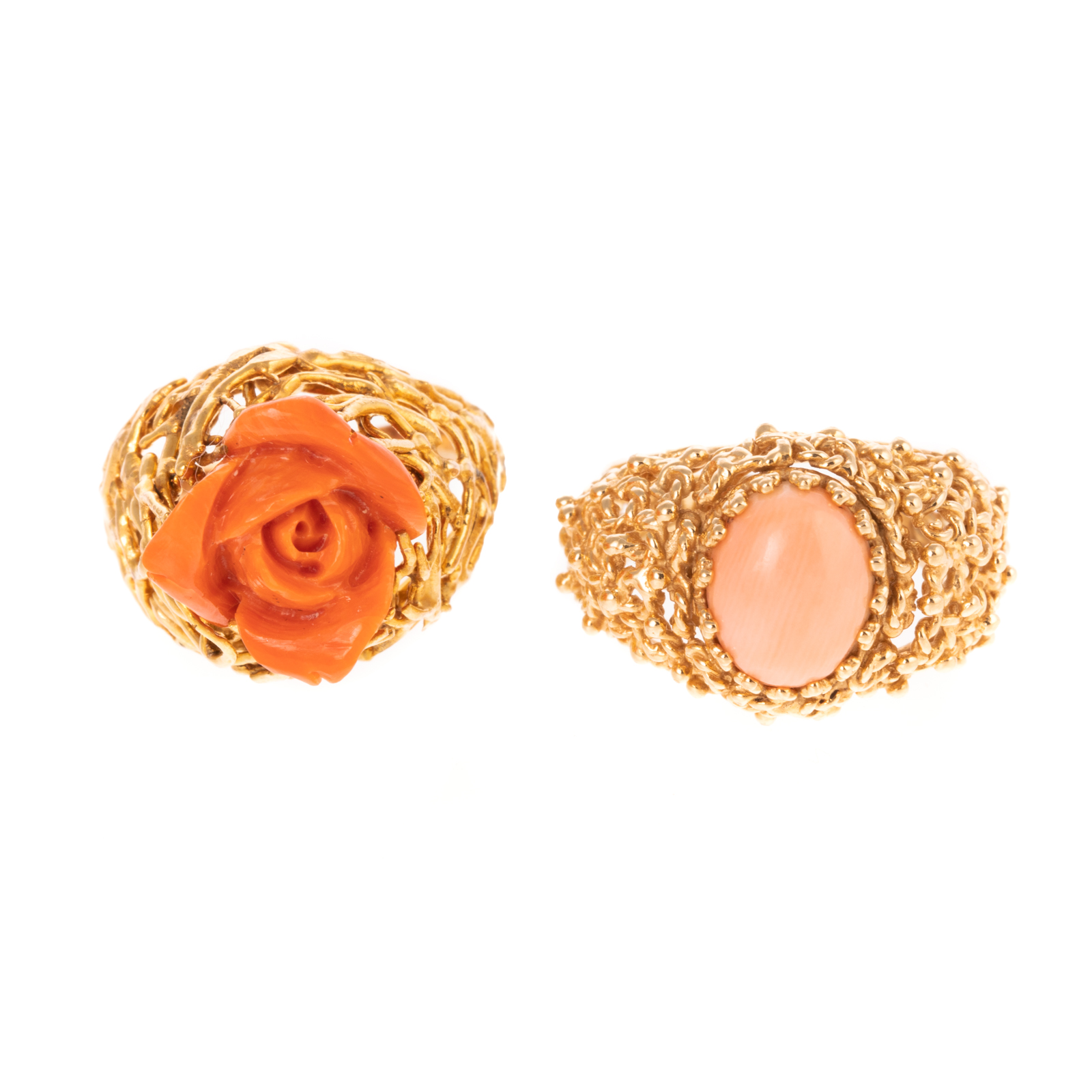 AN 18K CARVED CORAL RING & 14K