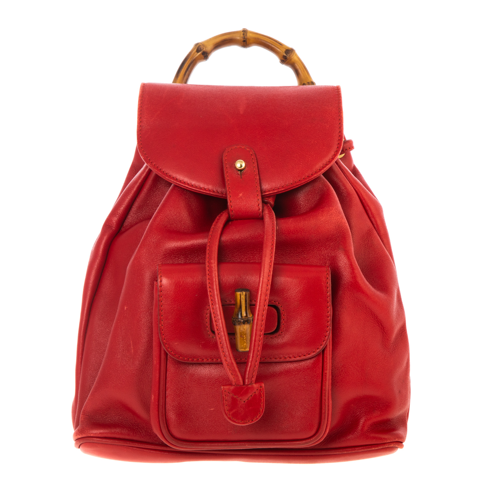 A GUCCI BAMBOO BACKPACK A red leather