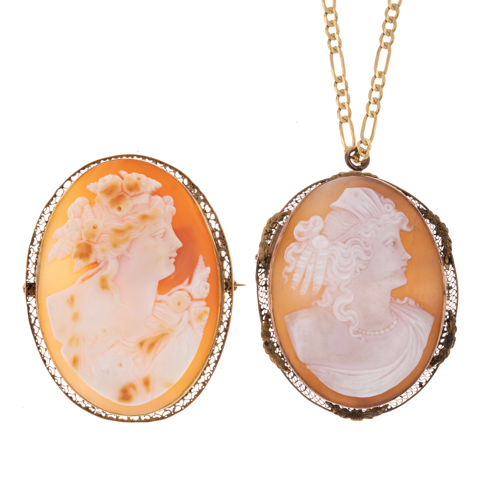 TWO SHELL CAMEO PIN PENDANTS IN 287b2e