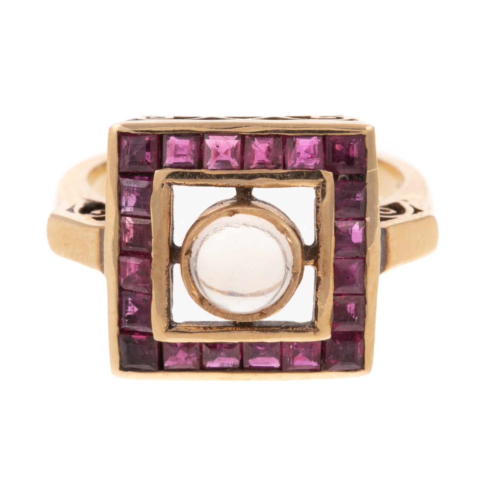 A SQUARE RUBY & MOONSTONE RING