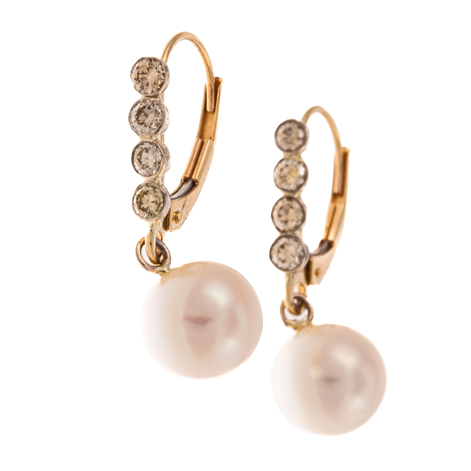 A PAIR OF 14K PEARL & DIAMOND DANGLE