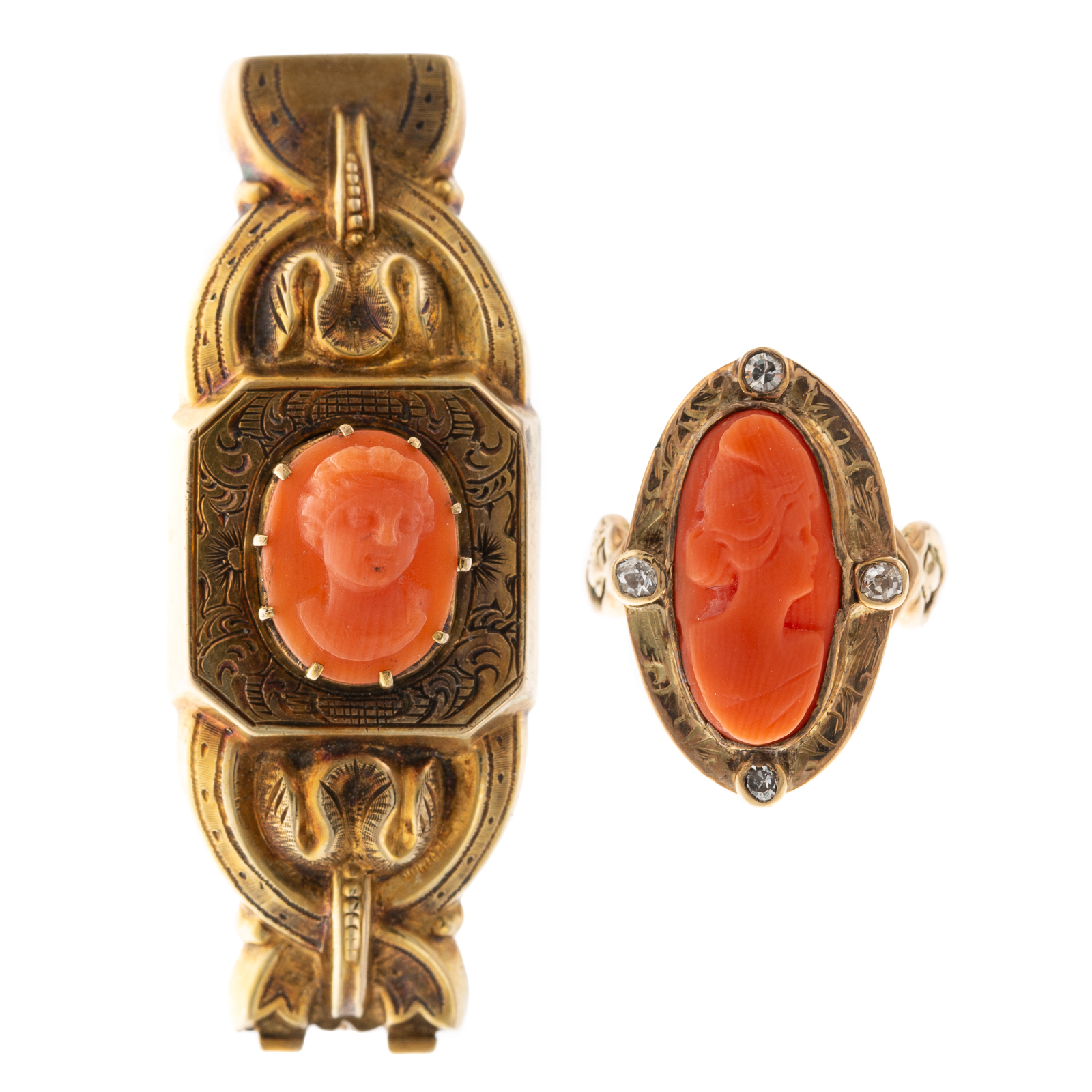 ANTIQUE CORAL CAMEO RING & BROOCH