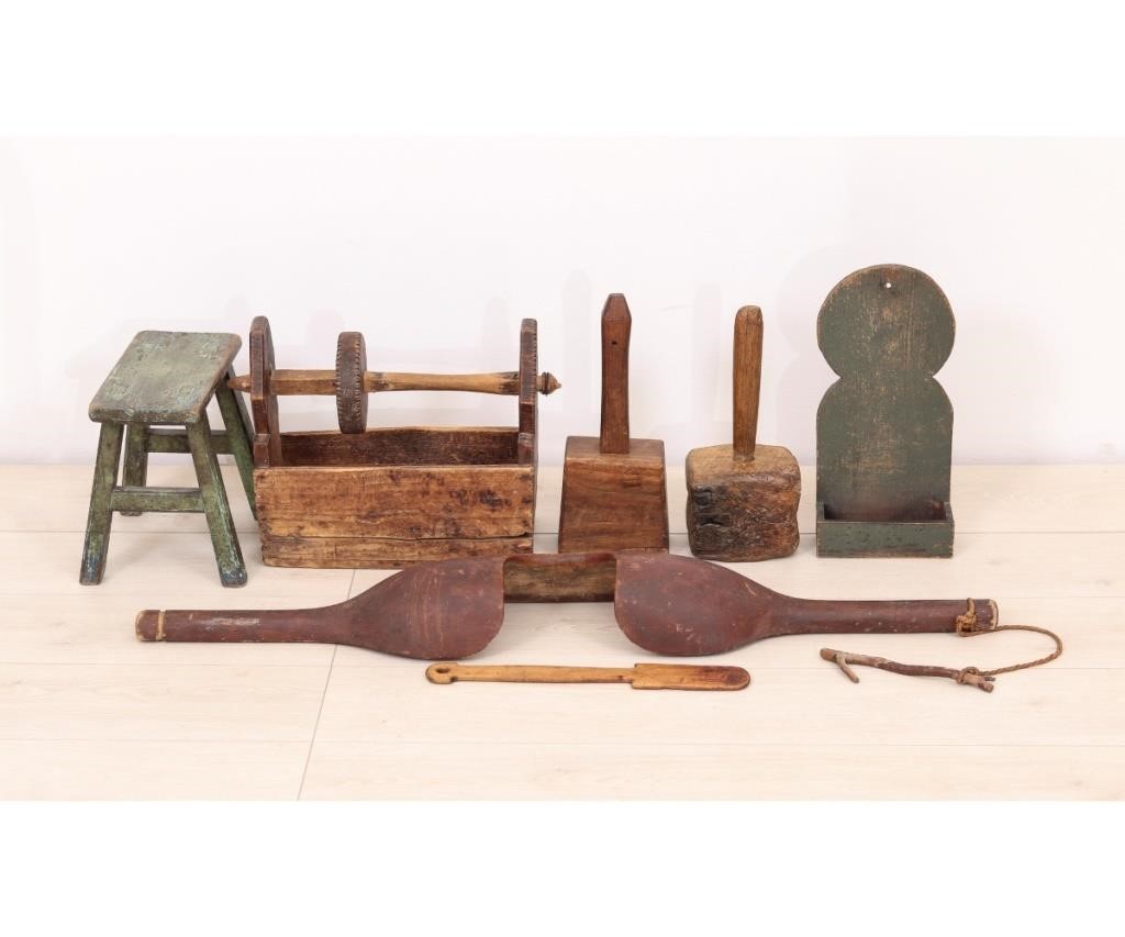 Woodenware to include a green stool,