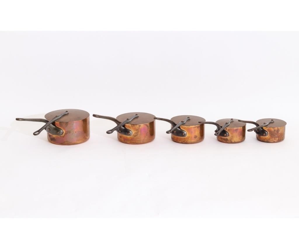 Five French copper/iron cooking pots