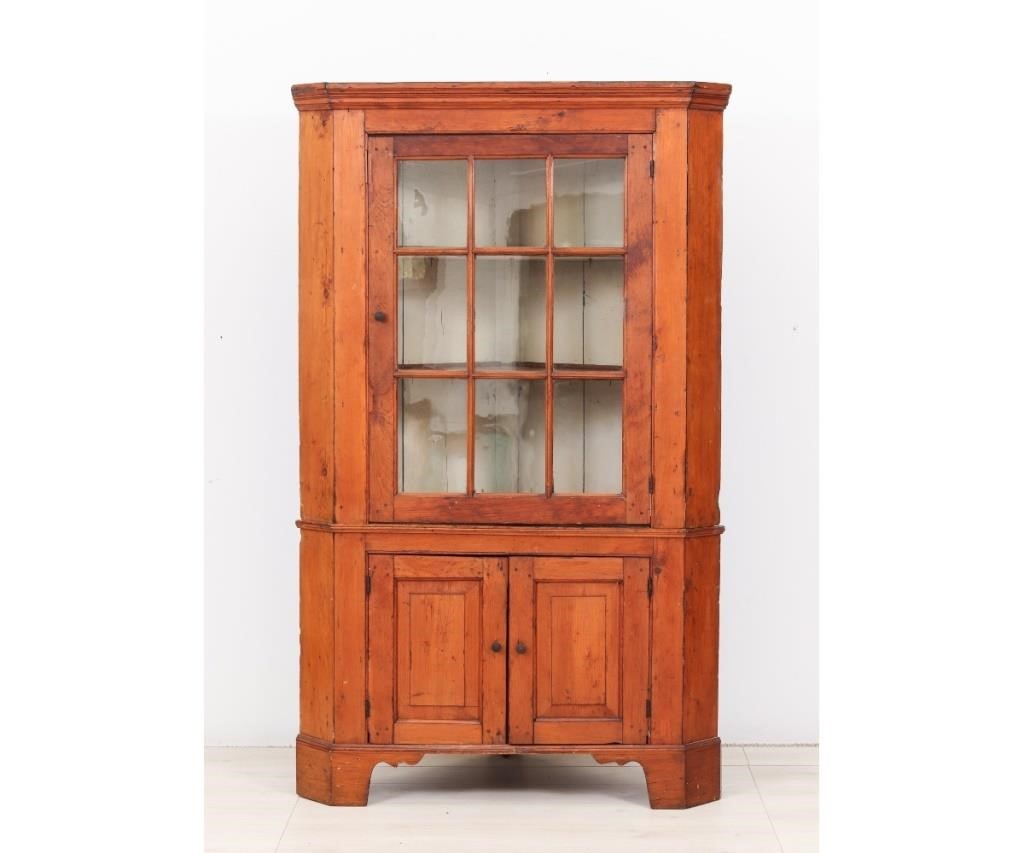 Two-piece pine corner cupboard,