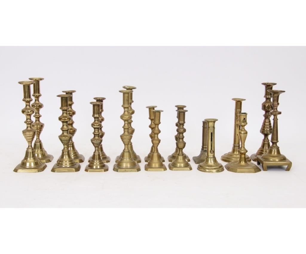 Six pairs of Victorian brass candlesticks  28a90e