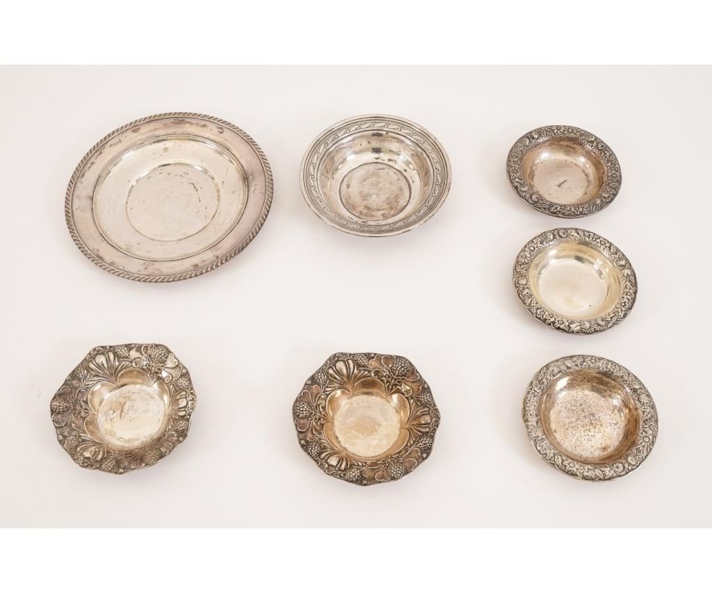 Seven sterling silver dishes to