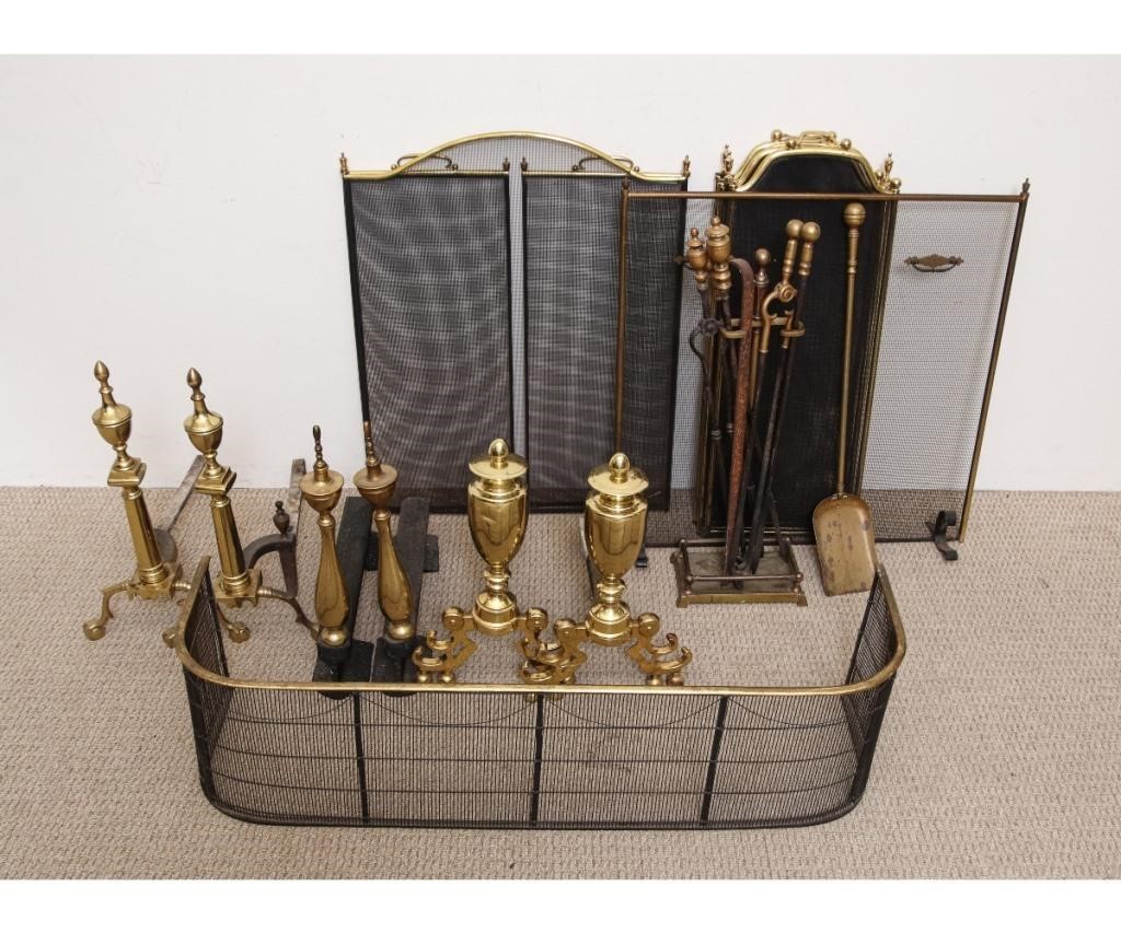 Brass fireplace andirons, all 20th