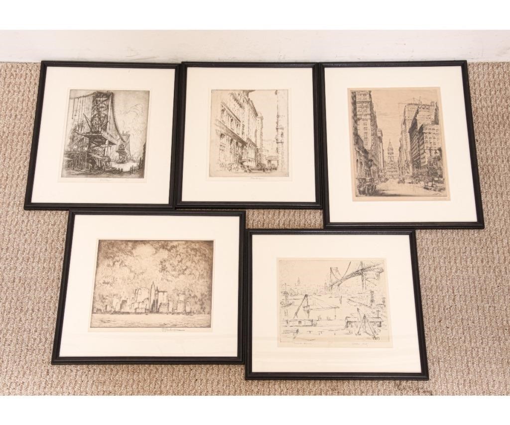Five framed and matted etchings