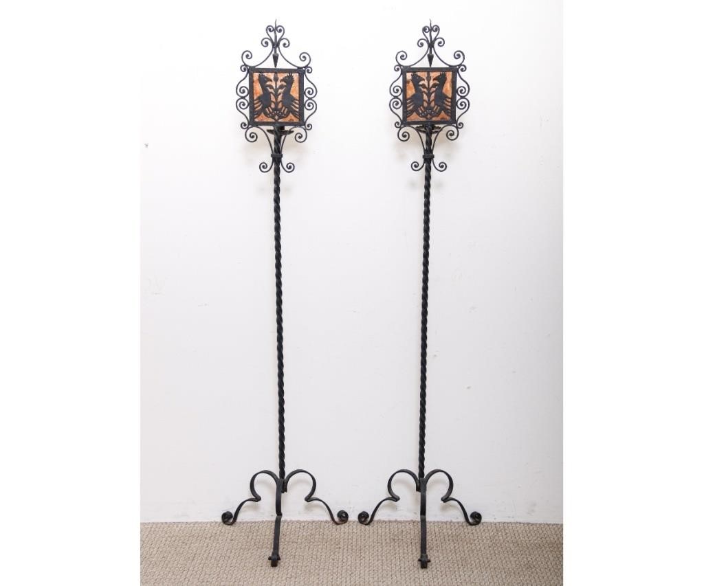 Pair of wrought iron torchieres,