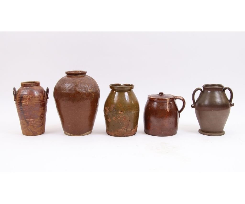 Five pieces of redware/stoneware